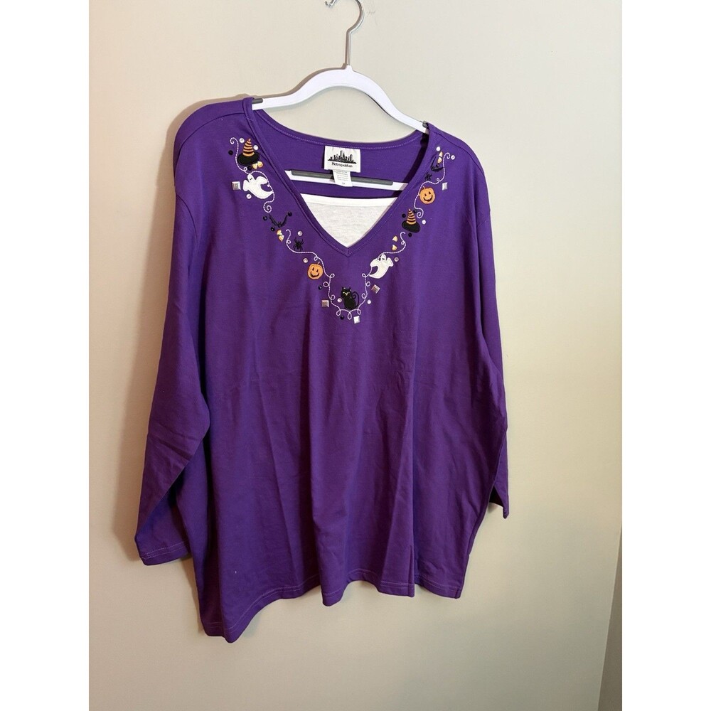 Metropolitan Women’s Halloween Top Purple Size 3X V-Neck 3/4 Black Cat Pumpkin